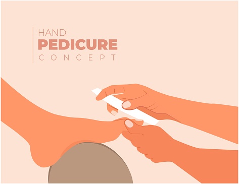 The woman in the nail salon is pedicured with a nail file by a cosmetologist. The woman gets a pedicure of toenails. Cosmetic pedicure on a woman's foot. Pedicure for toenails vector illustration