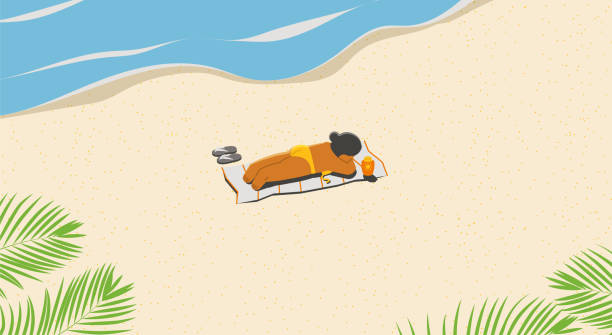 bildbanksillustrationer, clip art samt tecknat material och ikoner med the woman lay on the beach relaxing to sunbathe and recharge herself. and far from people. cartoon illustration vector banner. - retirement overview