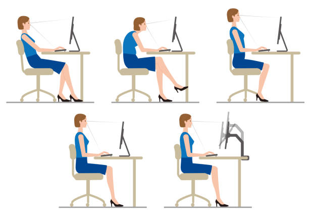 ilustrações de stock, clip art, desenhos animados e ícones de the woman sits down and works at the computer. posture. - business man shoes on desk