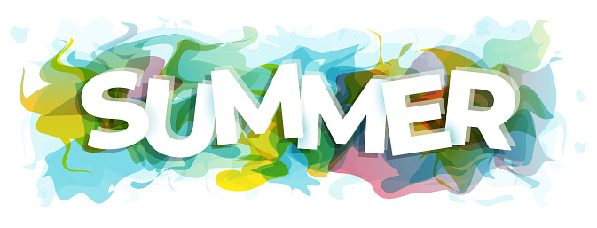 White letters of the Summer word over an abstract colorful background. Creative banner or header for the website. Vector illustration.