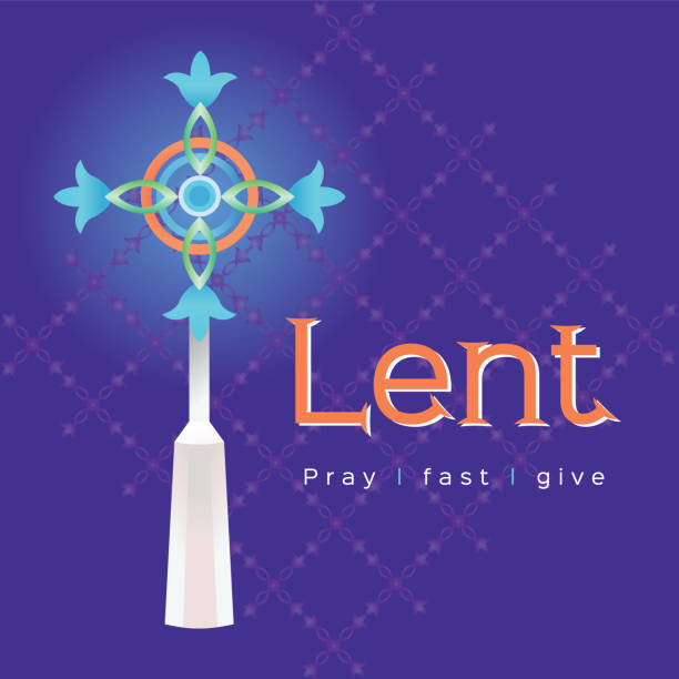 The words Lent pray fast and give with cross The words Lent pray fast and give with cross on purple background lent stock illustrations