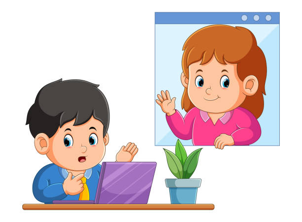 the worker boy is presenting and showing with a girl hand waving - labor day stock illustrations
