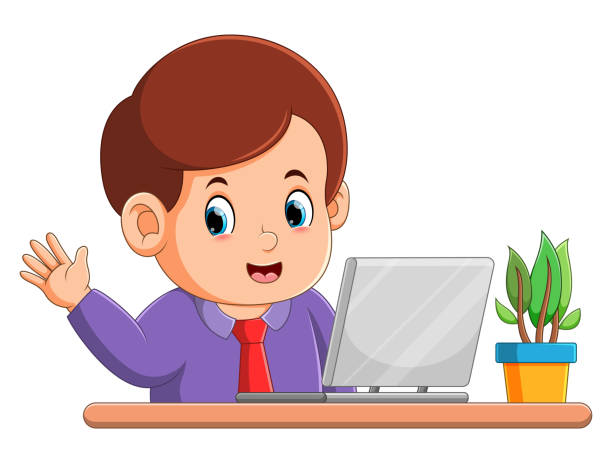 the worker boy is waving hand and greeting in front of laptop - labor day stock illustrations