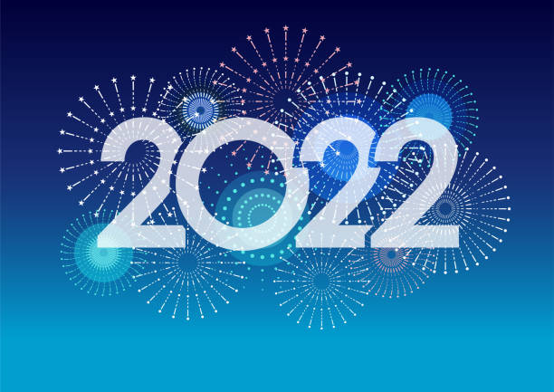 ilustrações, clipart, desenhos animados e ícones de o logotipo do ano de 2022 e fogos de artifício com espaço de texto em um fundo azul celebrando o ano novo. - reveillon