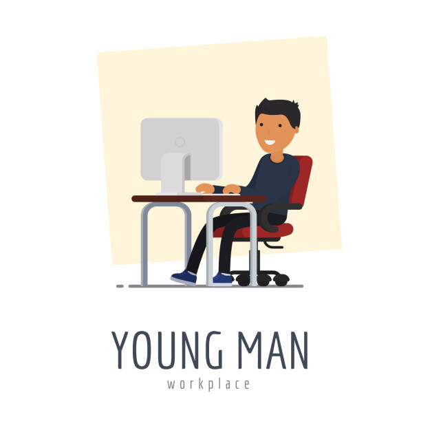 illustrazioni stock, clip art, cartoni animati e icone di tendenza di il giovane carattere posto di lavoro. design piatto - capo sounion
