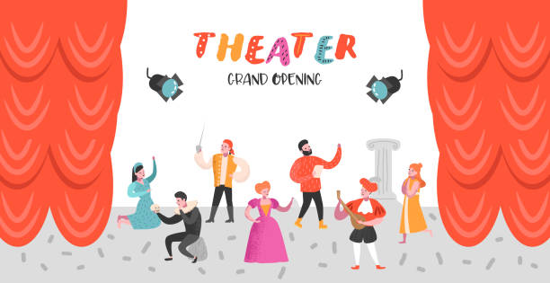 Theater Actor Characters Set. Flat People Theatrical Stage Poster. Artistic Performances Man and Woman. Vector illustration Theater Actor Characters Set. Flat People Theatrical Stage Poster. Artistic Performances Man and Woman. Vector illustration stage theater stock illustrations