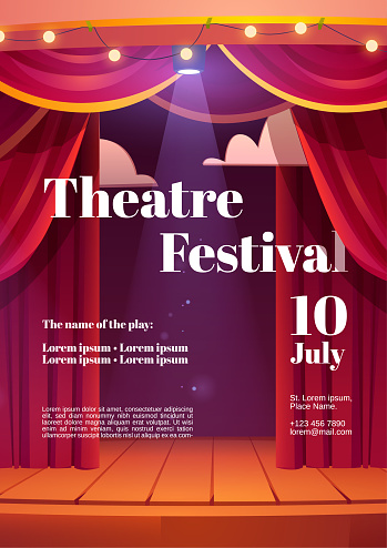 Theater festival cartoon poster with backstage red curtains and wooden scene with glowing spotlights and garland. Invitation flyer for theater or cinema show, entertainment concert Vector illustration