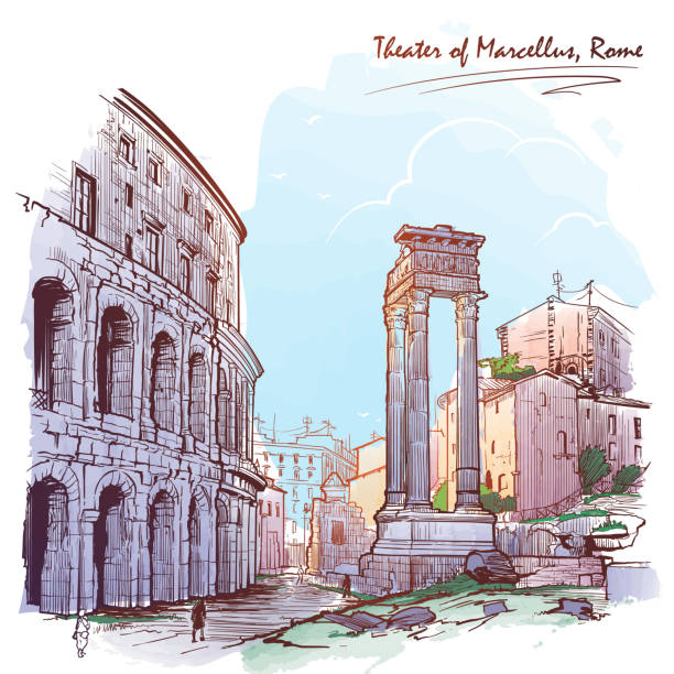 stockillustraties, clipart, cartoons en iconen met theater van marcellus en portico van octavia in rome, italië. - roma