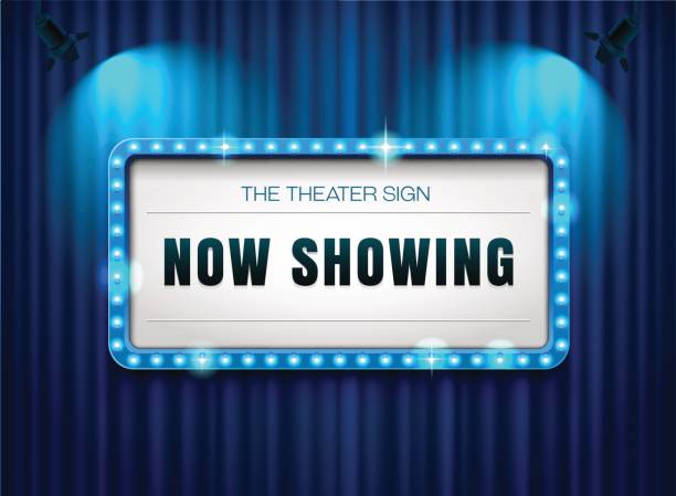 theater sign or cinema sign on curtain with spot light,frame,border theater sign or cinema sign on curtain with spot light,frame,border performance borders stock illustrations