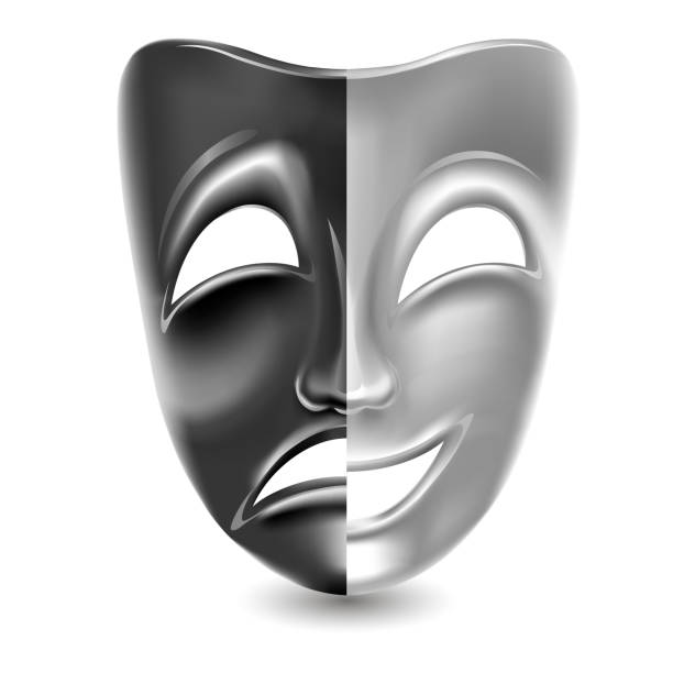 Theatrical mask Theatrical masks. Black and white. Isolated. Mesh. Clipping Mask half happy half sad stock illustrations