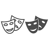 istock Theatrical masks line and solid icon, Sea cruise concept, masquerade sign on white background, Funny and sad theater masks icon in outline style for mobile concept and web design. Vector graphics. 1281185901