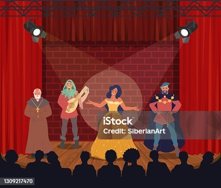 istock Theatrical performance. Actors performing on stage, vector illustration. Comedy, drama. Entertainment. Theatre arts. 1309217470