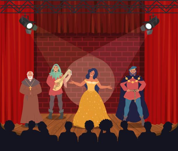Theatrical performance. Actors performing on stage, vector illustration. Comedy, drama. Entertainment. Theatre arts. Theatrical performance. Group of actors performing on stage for audience, flat vector illustration. Theater interior with red curtains, spotlights. Comedy or drama. Entertainment. Theatre arts. actress stock illustrations