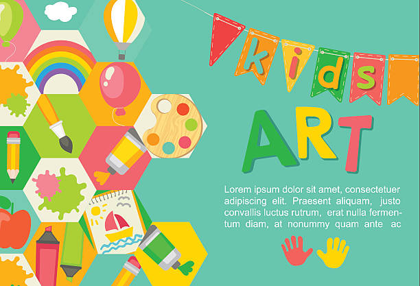 Themed Kids art poster. Kids,  Art Poster, Education, Background, Icons, Symbols art and craft stock illustrations