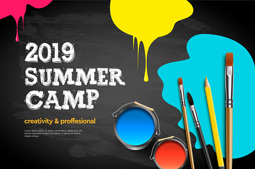 Themed Summer Camp poster 2019. Kids art craft, education, creativity class concept, vector illustration.