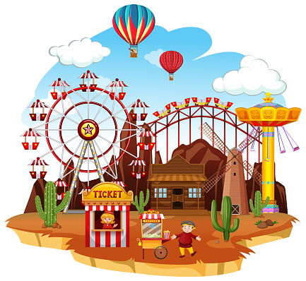 Themepark scene with many rides and balloons