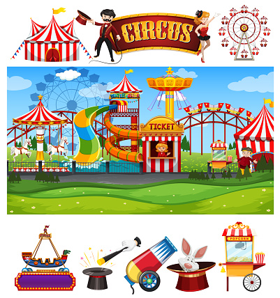 Themepark scene with many rides on white background