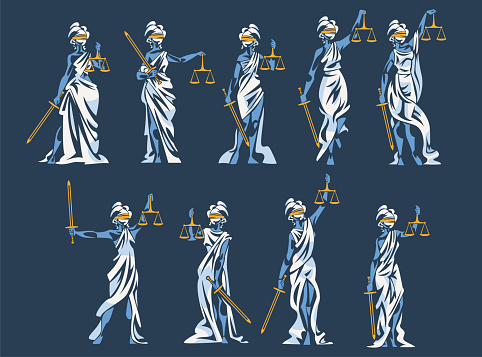 Themis as Ancient Greek Goddess and Lady Justice with Blindfold Holding Scales and Sword Vector Set