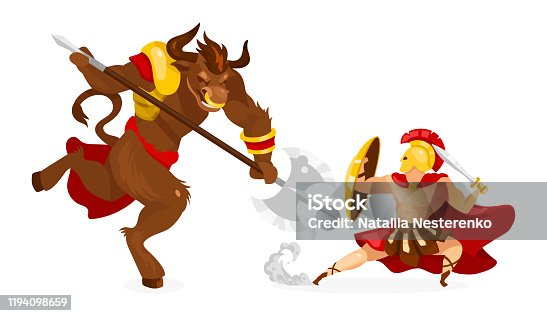 istock Theseus and Minotaur flat vector illustration. Greek mythology. Ancient story and legend. Hero fighting mythological creature. Warrior with sword isolated cartoon character on white background 1194098659