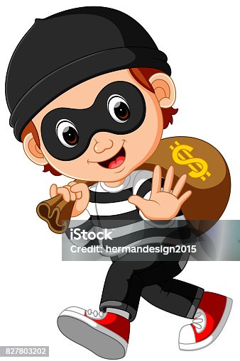 istock Thief cartoon carrying bag of money with a dollar sign 827803202
