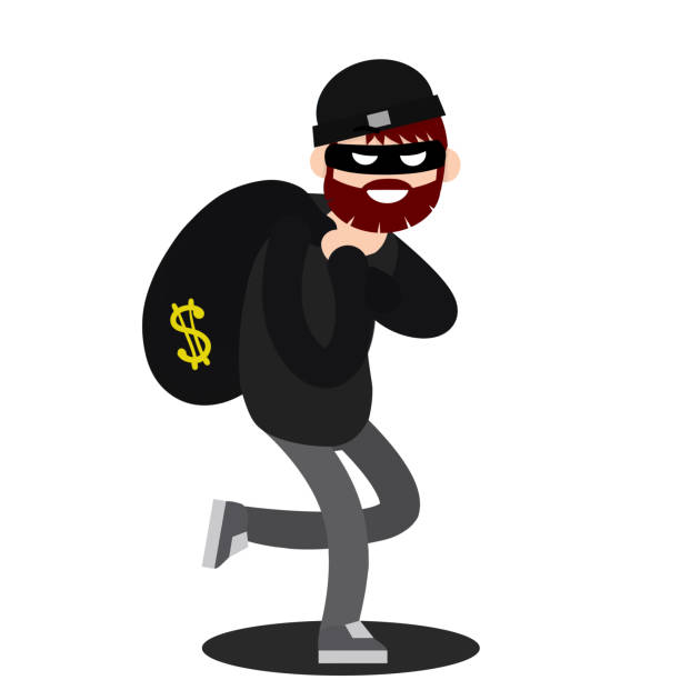 Thief with bag of money. Problem of urban economic security. Cartoon flat illustration. Bank robbery. Funny criminal man in black mask Thief with bag of money. Problem of urban economic security. Cartoon flat illustration. Bank robbery. Funny criminal man in black mask ski mask criminal stock illustrations