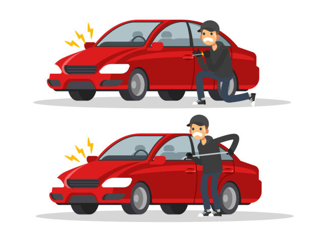 Thieves are stealing cars. Burglar alarm. Car thief concept. vector art illustration