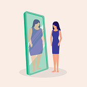 istock Thin Girl Looking At Her Fat Reflection In Mirror. Anorexia Nervosa Concept. Vector Illustration. 1326762210