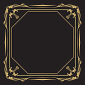 Thin gold decorative frame it is isolated on black background. An elegant element of design with the place for the text. Production of invitations, menu, cafe and boutiques. Vector.