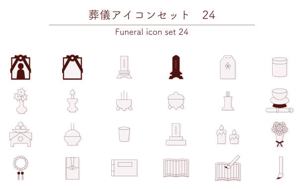 Thin line Buddhist funeral icon set, 24 Thin line Buddhist funeral icon set, 24 funerary urn stock illustrations
