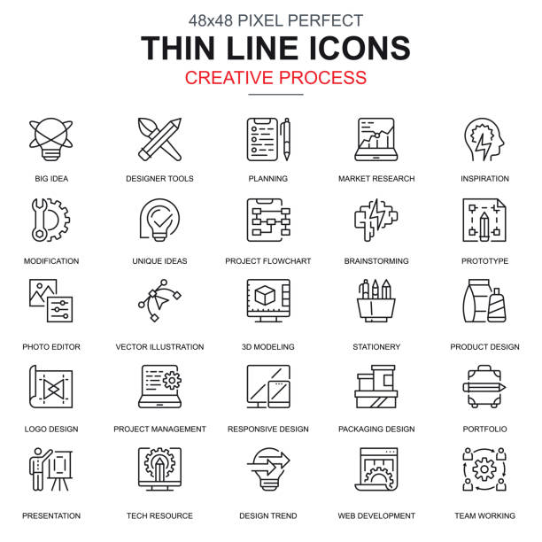 Thin line creative process and project workflow icons set Thin line creative process and project workflow icons set for website and mobile site and apps. Contains such Icons as Media, Idea. 48x48 Pixel Perfect. Linear pictogram pack. Vector illustration. computer software stock illustrations