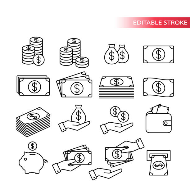 Thin line, fully editable icon set. Money icons. Money stack, coin stack, piggy bank, wallet with money, cash payment, hand holding money icons. Thin line, fully editable icon set. Money icons. Money stack, coin stack, piggy bank, wallet with money, cash payment, hand holding money icons. money stack stock illustrations