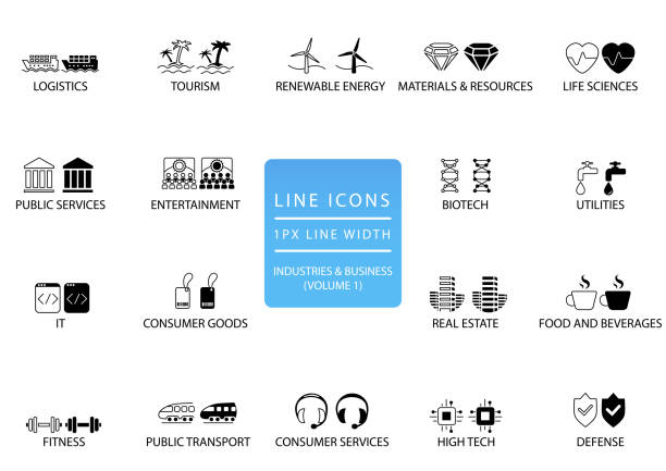 Thin line icons and symbols of various industries / business sectors like public services, consumer goods, defence, life sciences, high-tech, resources, IT, logistics. Thin line icons and symbols of various industries / business sectors like public services, consumer goods, defence, life sciences, high-tech, resources, IT, logistics. public service stock illustrations