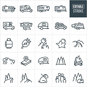 A set of RV icons that include editable strokes or outlines using the EPS vector file. The icons include a motorhome, travel trailer, fifth wheel, truck camper, camper, van camper, tent camper, propane tank, electrical plug, marshmallow roast, location marker, country road, mountain range, map, high country, pine trees, forest, camp fire, river, mountain trail, dog on leash, family and other related icons.