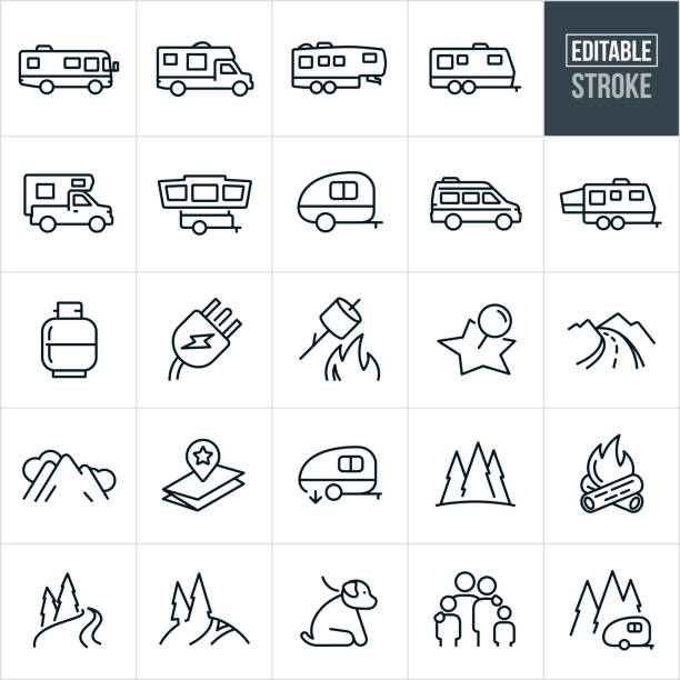 RV Thin Line Icons - Editable Stroke A set of RV icons that include editable strokes or outlines using the EPS vector file. The icons include a motorhome, travel trailer, fifth wheel, truck camper, camper, van camper, tent camper, propane tank, electrical plug, marshmallow roast, location marker, country road, mountain range, map, high country, pine trees, forest, camp fire, river, mountain trail, dog on leash, family and other related icons. river symbols stock illustrations
