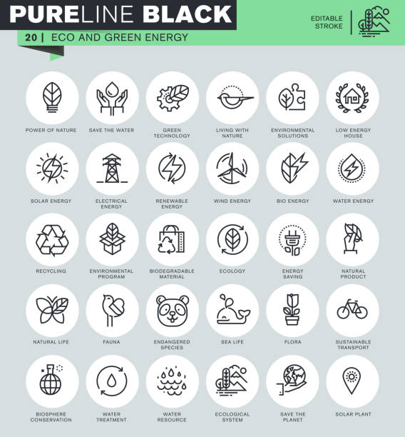 Thin line icons set of environment, renewable energy, sustainable technology Thin line icons set of environment, renewable energy, sustainable technology, nature life. Icons for website and mobile website and apps with editable stroke.  biosphere 2 stock illustrations