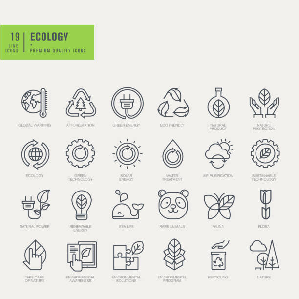 Thin line icons set Thin line icons set. Icons for environmental, recycling, renewable energy, nature. afforestation stock illustrations