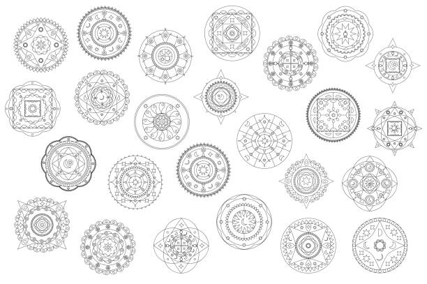 Thin line mandala ornament vector clipart. Black and white mandala coloring elements. vector art illustration