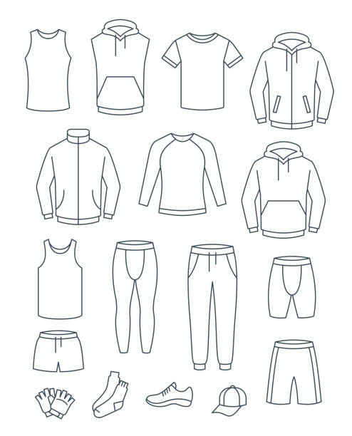 Thin line men casual clothes for fitness training Outline men casual clothes for fitness training. Basic garments for gym workout. Vector thin line icons. Outfit for active man. Sport style linear male shirts, pants, jackets, tops, bottoms, shorts hoodie stock illustrations