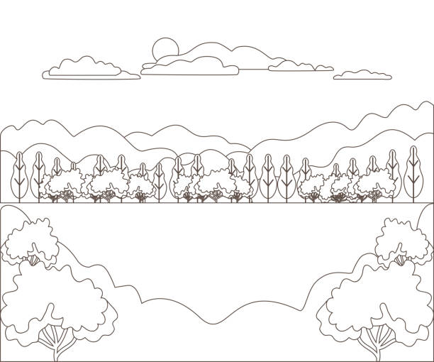 Thin line outline landscape rural farm. Panorama outdoor design village modern with mountain, hill, tree, sky, cloud and sun. Line art stile abstract backround, linear vector illustration Thin line outline landscape rural farm. Panorama outdoor design village modern with mountain, hill, tree, sky, cloud and sun. Line art stile abstract backround, linear vector illustration black white barn drawing stock illustrations
