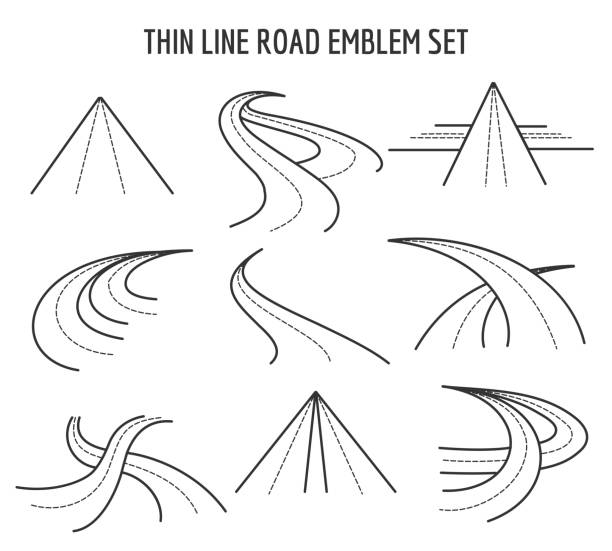 Thin line road and highway icons. Linear traffic route signs on white background Thin line road and highway icons. Linear traffic route signs on white background. Straight and curve speedway in line style illustration road drawings stock illustrations