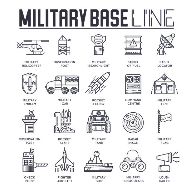 Thin line set of different rocket weapons and vehicles on military base concept.  Outline military base vector illustration design Thin line set of different rocket weapons and vehicles on military base concept.  Outline military base vector illustration design. military base stock illustrations