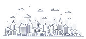 Thin line style city panorama. Illustration of urban landscape street with cars, skyline city office buildings, on light background. Outline cityscape. Wide horizontal panorama. Vector illustration