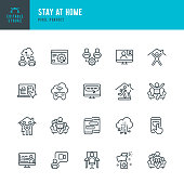 STAY AT HOME - thin line vector icon set. 20 linear icon. Pixel perfect. Editable outline stroke. The set contains icons: Stay at Home, Social Distancing, Quarantine, Video Conference, Working At Home, E-Learning, Fitness.