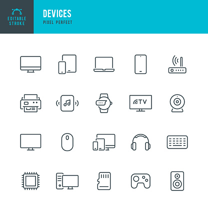 DEVICES - thin line vector icon set. 20 linear icon. Pixel perfect. Editable outline stroke. The set contains icons: Desktop PC, Laptop, Digital Tablet, Smart TV, Smart Phone, Smart Speaker, Smart Watch, Router, Computer Printer, Computer Keyboard.