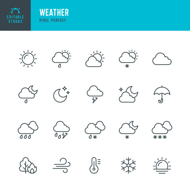 pogoda - zestaw ikon wektorowych cienkich linii. piksel idealny. edytowalne obrys. zestaw zawiera ikony: słońce, księżyc, chmura, zima, lato, deszcz, śnieg, blizzard, parasol, płatek śniegu, wschód słońca, wiatr. - sun stock illustrations