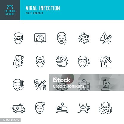 istock VIRAL INFECTION - thin line vector icon set. Pixel perfect. Editable stroke. The set contains icons: Coronavirus, Sneezing, Coughing, Doctor, Fever, Quarantine, Cold And Flu, Face Mask, Vaccination. 1216414669