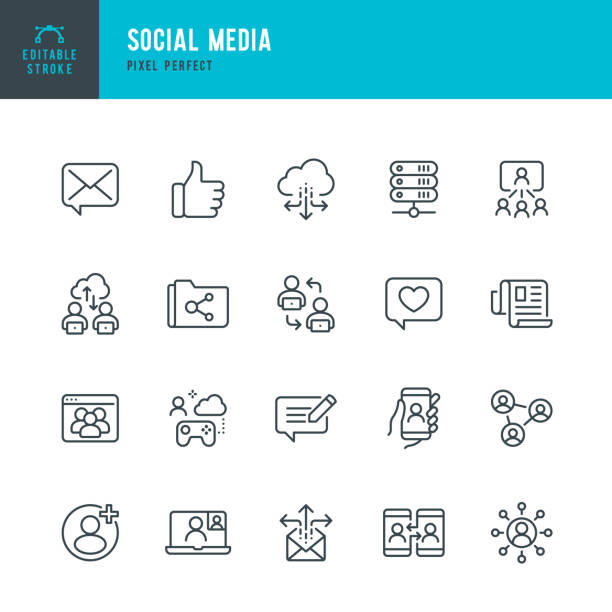 SOCIAL MEDIA - thin line vector icon set. Pixel perfect. Editable stroke. The set contains icons: Speech Bubble, Communication, Friends, Blogging, Community, Cloud Computing, Newspaper. SOCIAL MEDIA - thin line vector icon set. 20 linear icon. Pixel perfect. Editable outline stroke. The set contains icons: Speech Bubble, Communication, Friends, Blogging, Community, Cloud Computing, Newspaper. sharing stock illustrations