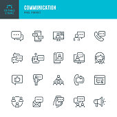 COMMUNICATION - thin line vector icon set. 20 linear icon. Pixel perfect. Editable outline stroke. The set contains icons: Speech Bubble, Communication, Application Form, Contact Us, Blogging, Community.