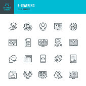 E - LEARNING - thin line vector icon set. 20 linear icon. Pixel perfect. Editable outline stroke. The set contains icons: E-Learning, Educational Exam, Rocket, Brain, Book, Portfolio, Certificate.