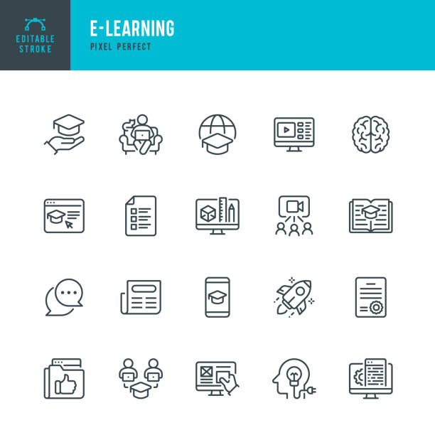 E - LEARNING - thin line vector icon set. Pixel perfect. Editable stroke. The set contains icons: E-Learning, Educational Exam, Rocket, Brain, Book. E - LEARNING - thin line vector icon set. 20 linear icon. Pixel perfect. Editable outline stroke. The set contains icons: E-Learning, Educational Exam, Rocket, Brain, Book, Portfolio, Certificate. rocketship designs stock illustrations